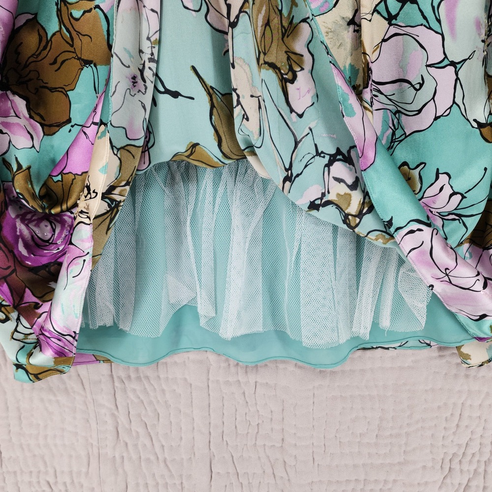 Adrianna Papell Silk Dress 10 Teal Purple Floral Fit Flare Cocktail Party Fairy - Picture 12 of 15